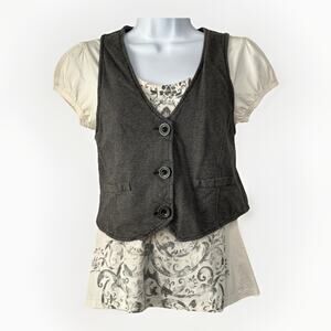 Vintage Y2K Vest Top Womens M Gray White Academic Twee‎ Preppy Back To School